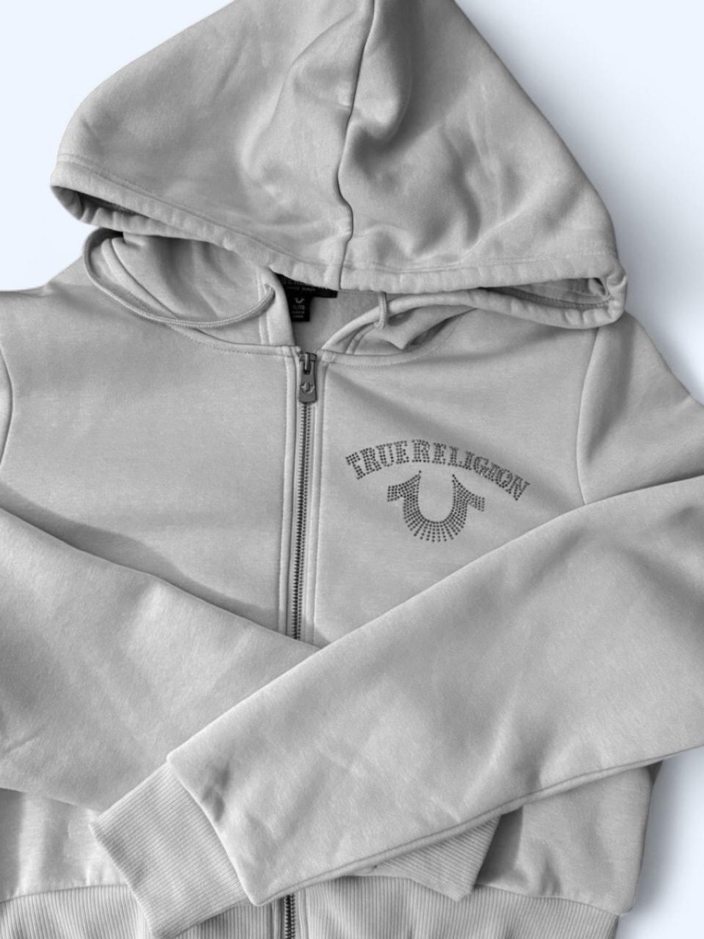 True Religion Light Gray Zip Hoodie with Rhinestone Logo